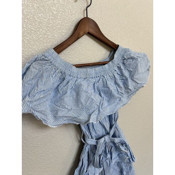 Topshop Blue & White Pinstripe Frill Bardot Ruffled Mini Dress size 4 boho date - Picture 5 of 9